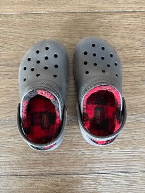 CROCS Kids Black Clog with Red Plaid Lining